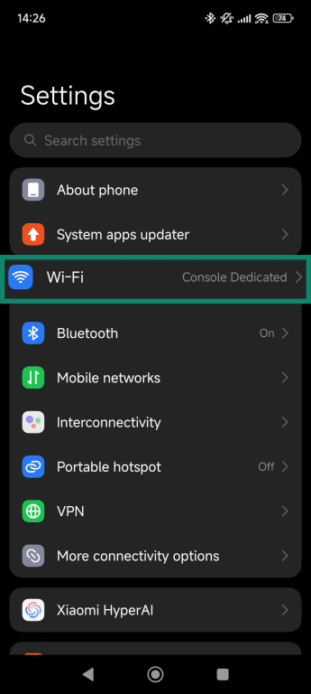 Android settings screen, showing how to access the Wi-Fi settings.