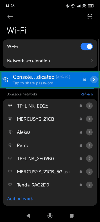 Android Wi-Fi settings screen, showing how to view network details.