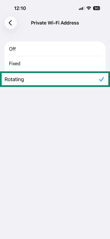 iPhone Wi-Fi settings screen, showing enabled MAC address spoofing.