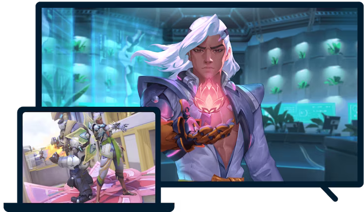 A laptop and TV with Overwatch.