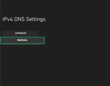 The Xbox DNS settings menu, with the manual option highlighted.