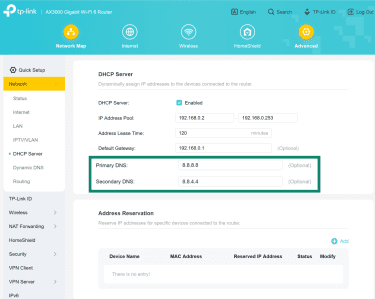 A screenshot showing a DNS settings page with new primary and secondary DNS addresses entered into the respective fields.