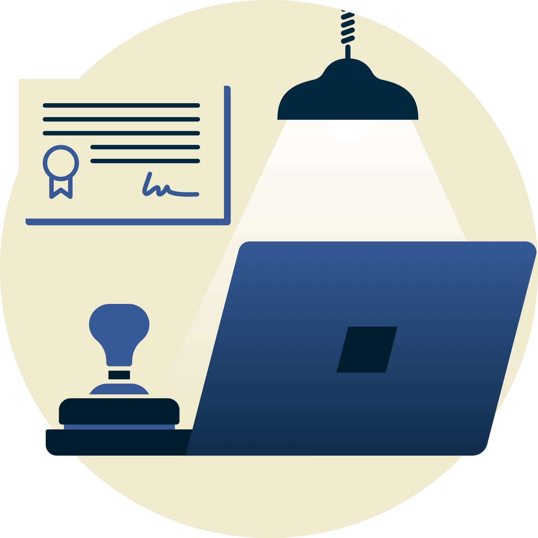 Lamp over rubber stamp and laptop, with certificate in the background.
