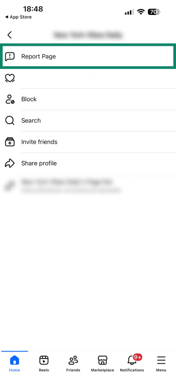A Facebook app menu that lets you report a specific page.