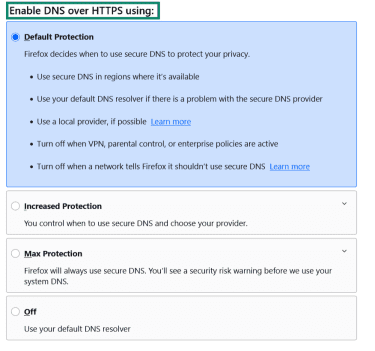Firefox Enable DNS over HTTPS settings screen.