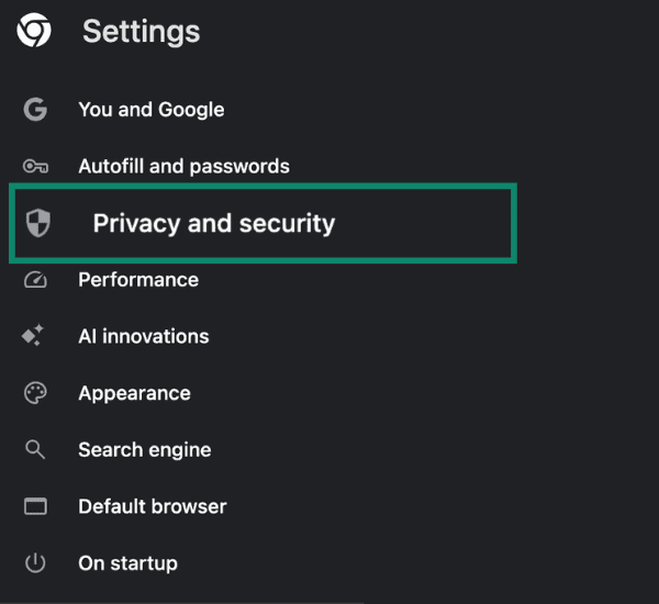 Chrome Settings with Privacy and security highlighted.