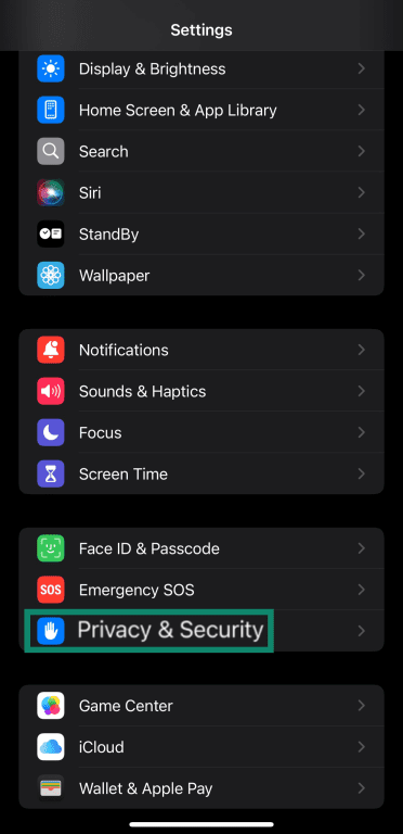 Accessing the Privacy & Security menu through the Settings menu in iOS.