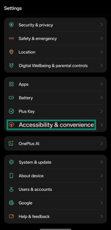 Accessing the Accessibility and convenience menu on Android.