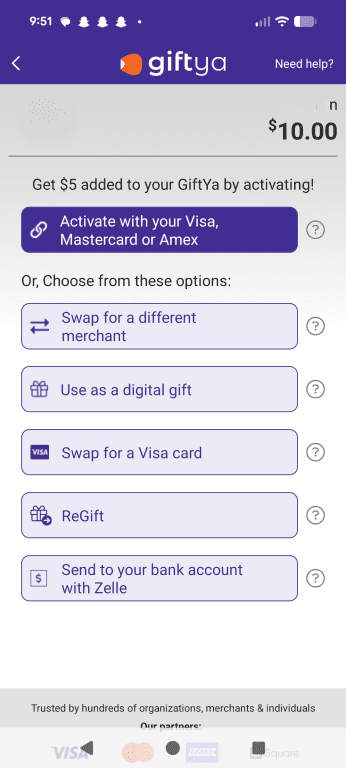 The GiftYa redemption process, showing the alternative redemption options.