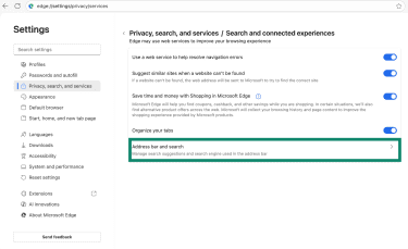 The "Address bar and search" option in Edge's Privacy, search, and services tab.