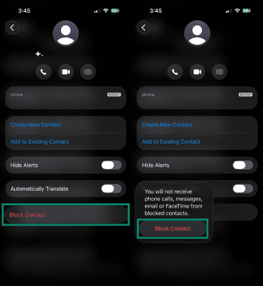 iPhone message contact screen showing the Block Contact option.