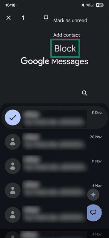 Google Messages, showing the Block option.