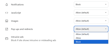 A list of Permissions for a site on the Windows Chrome browser showing the process of setting Pop-ups and redirects to "Block."