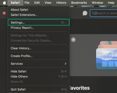 Safari menu open on macOS with Settings option highlighted in the dropdown menu