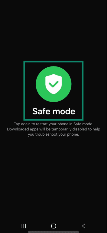 Safe mode confirmation message on an Android Samsung S23.