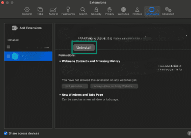Safari extension with the Uninstall button highlighted, demonstrating how to remove unwanted extensions.