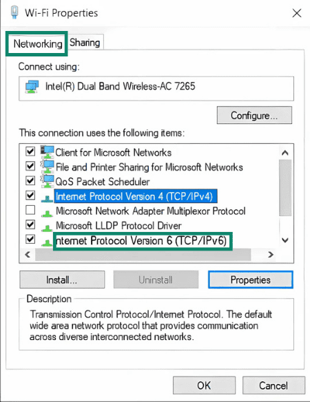 Windows' Wi-Fi Properties window showing a list of options that a Wi-Fi network can use.