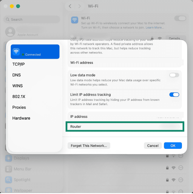 Router IP address under Wi-Fi details on macOS