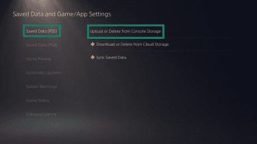 The "Saved Data and Game/App Settings" page on a PlayStation 5. The "Saved Data (PS5)" and "Upload or Delete from Console Storage" options are highlighted.