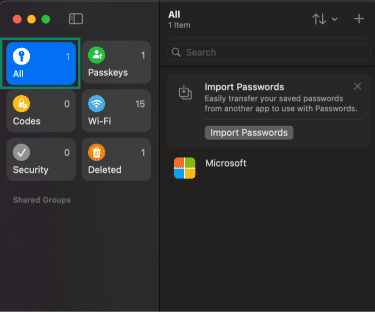 macOS Password app with "All" passwords option highlighted