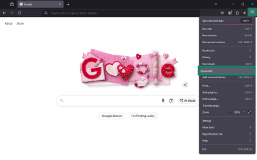 Mozilla Firefox open with settings menu visible and Passwords option selected