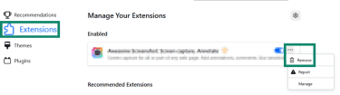 "Extensions" and "Remove" buttons highlighted in the Firefox browser settings.