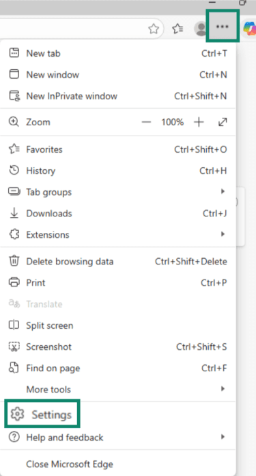 "Settings" option highlighted in Microsoft Edge's menu bar.