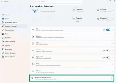 The Windows Network and internet settings menu, showing the advanced network settings button.