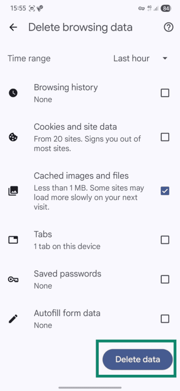 Confirming cache deletion on Android Chrome browser.