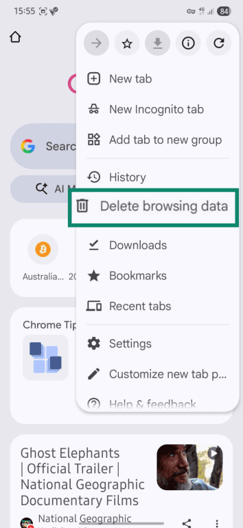 Where to delete Chrome browser data on Android.