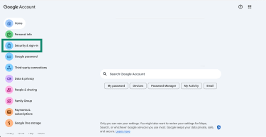 The home screen of the Google Account overview, with a highlight over the Security & Sign In menu item.