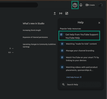 "Get help from YouTube Support" button highlighted in the YouTube studio.
