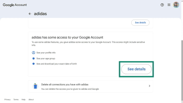 Google account dashboard interface to manage a service's access to a Google account.
