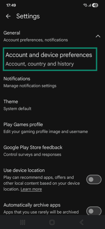 Android Play Store profile settings interface with the Account and device preferences option highlighted.