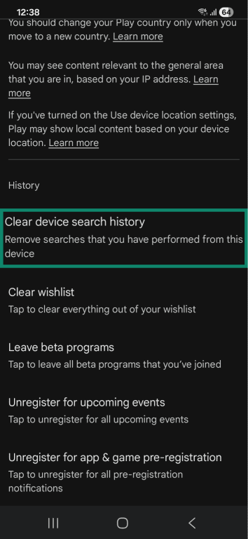 Samsung Android Google Play Store general account settings interface with the option to Clear device search history" highlighted.