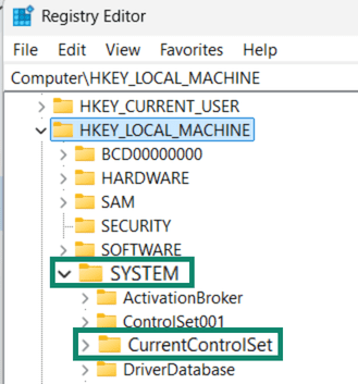 Windows registry folders with SYSTEM and CurrentControlSet highlighted.
