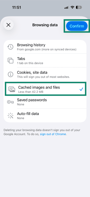 The "Browsing data" windows in Chrome on iOS, showing the "Cached images and files" option highlighted.