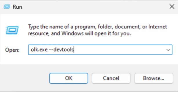 Run Dialog with Outlook and Microsoft Edge DevTools opening.