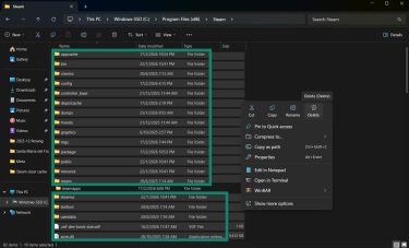 The contents of the Steam installation folder on Windows with the user in the process of deleting all the contents except the steamapps folder.