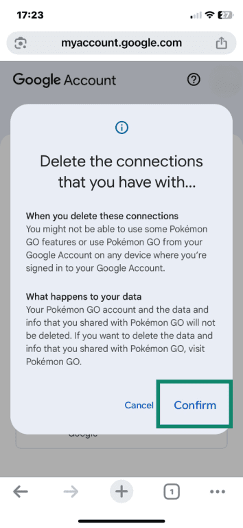 Google Account confirmation message for connection deletion with Pokémon GO, with confirm button highlighted