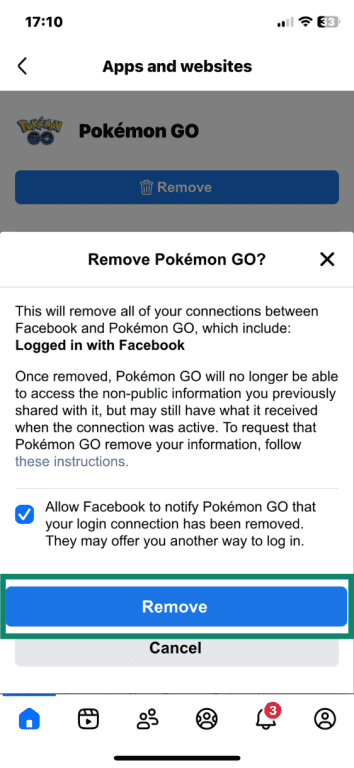 Facebook on iOS with Remove Pokémon GO prompt open and Remove button highlighted