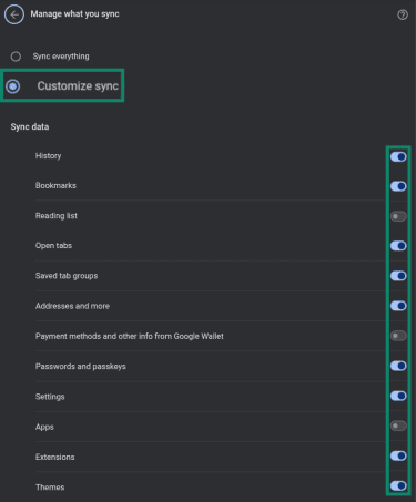 "Customize sync" button and sync options highlighted in Google Chrome.