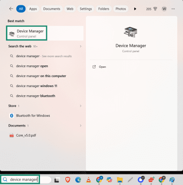 How to use the Windows search function to find "Device manager".