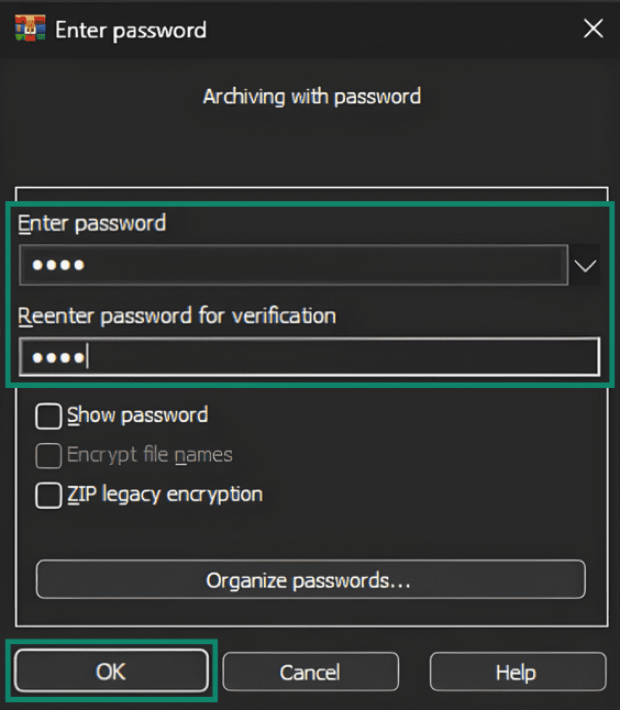Confirming WinRAR ZIP password