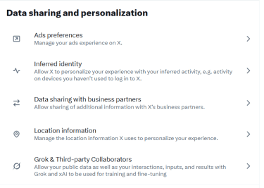X Data sharing and personalization menu
