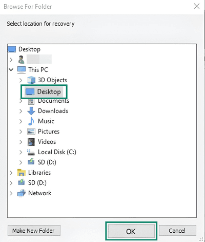 Choosing a location for SD file recovery.