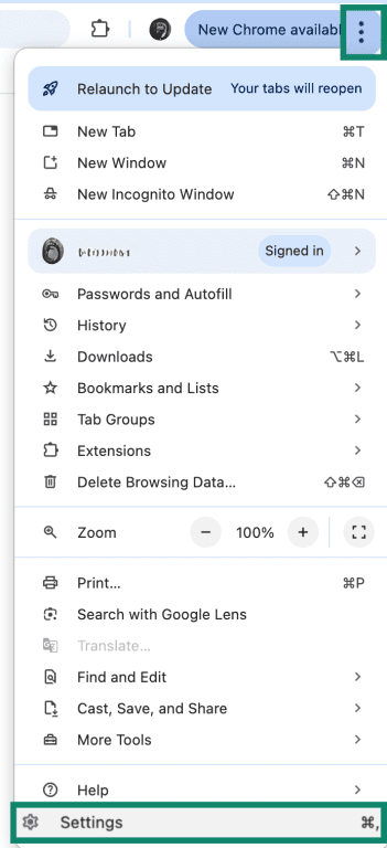 Chrome menu showing the three-dot menu open with Settings highlighted.