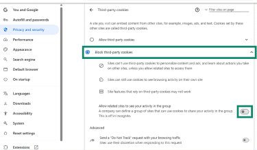 Blocking all third-party cookies and trackers in Chrome.