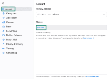 iCloud Mail account settings showing Add Alias option.