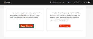 The AliExpress Disputes & Reports page, showing the Open Dispute button.